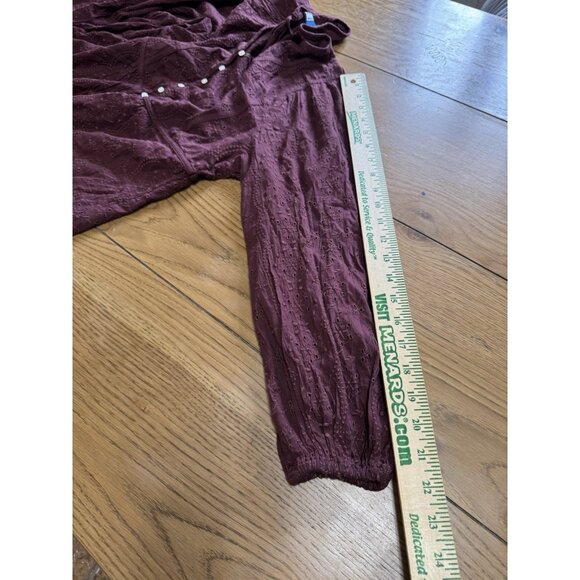 Old Navy Top Women Small Maroon Embroidered Eyelet Long Sleeve Peasant Boho - Picture 8 of 14